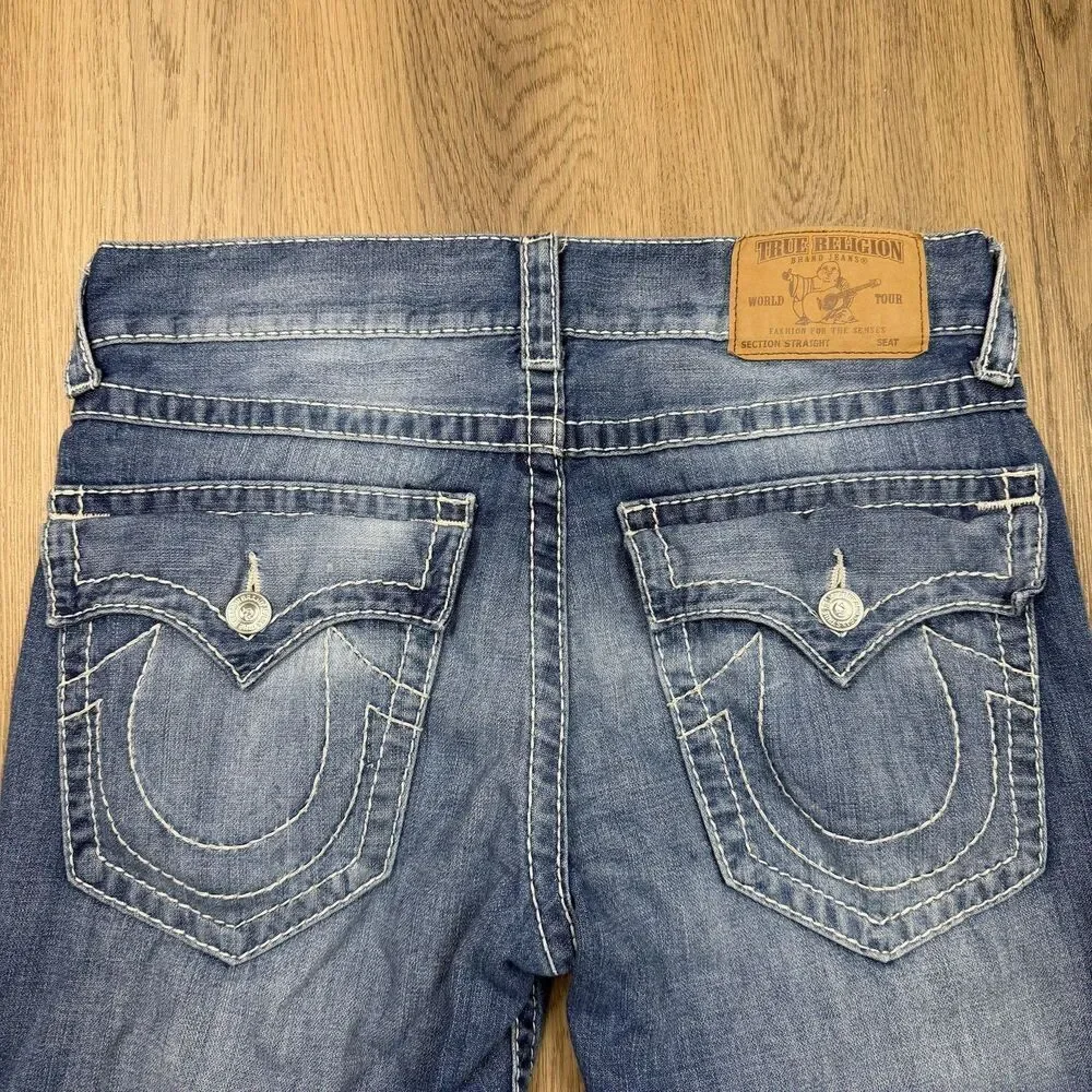 True Religion Jeans Mens 33x31 Blue Straight Flap Natural Big T Stitch Denim